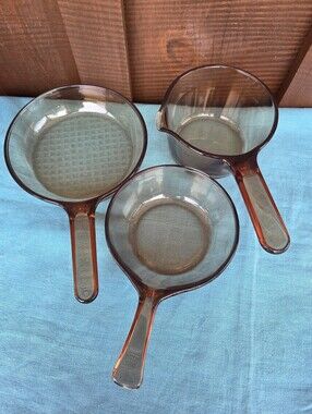 Vtg Corning Vision Brown Glass Cookware Small Pots
